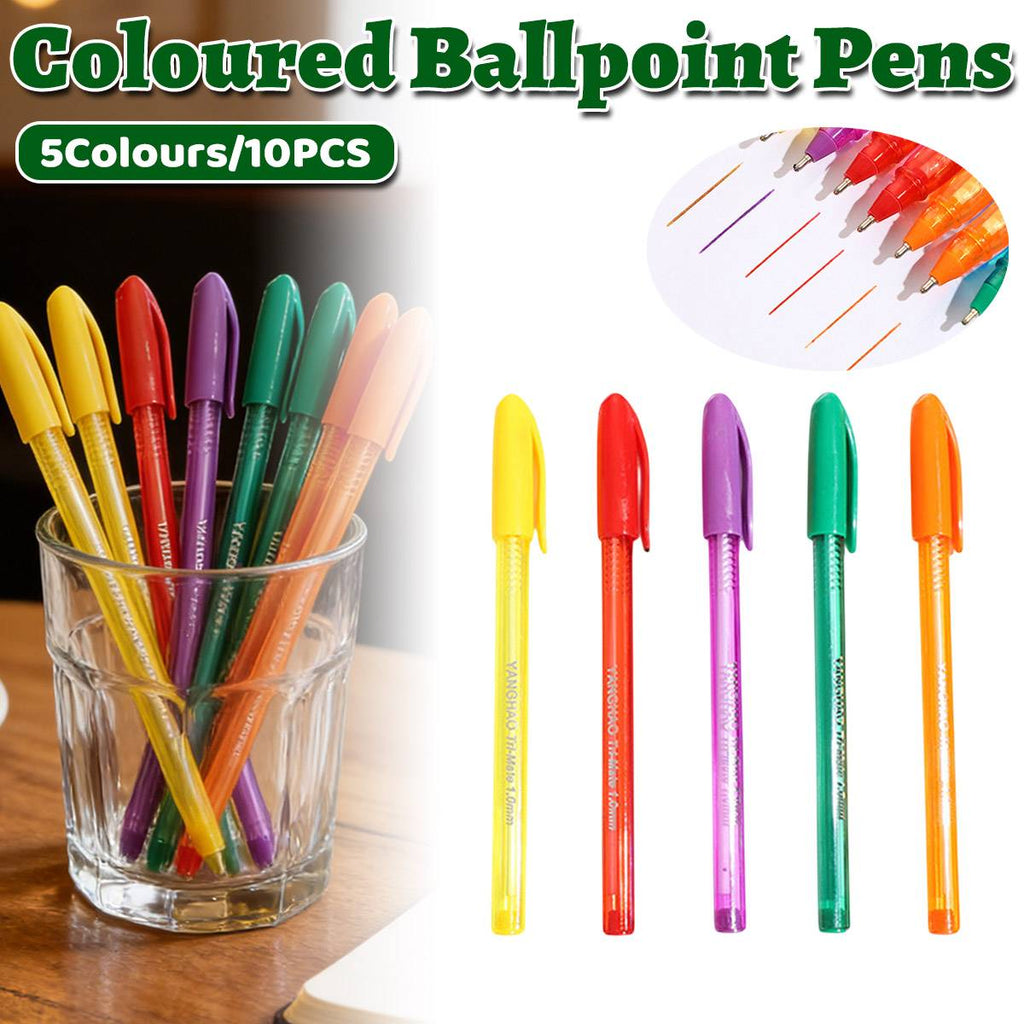 10-piece smooth ballpoint pen set featuring transparent triangular barrels in vibrant assorted colors