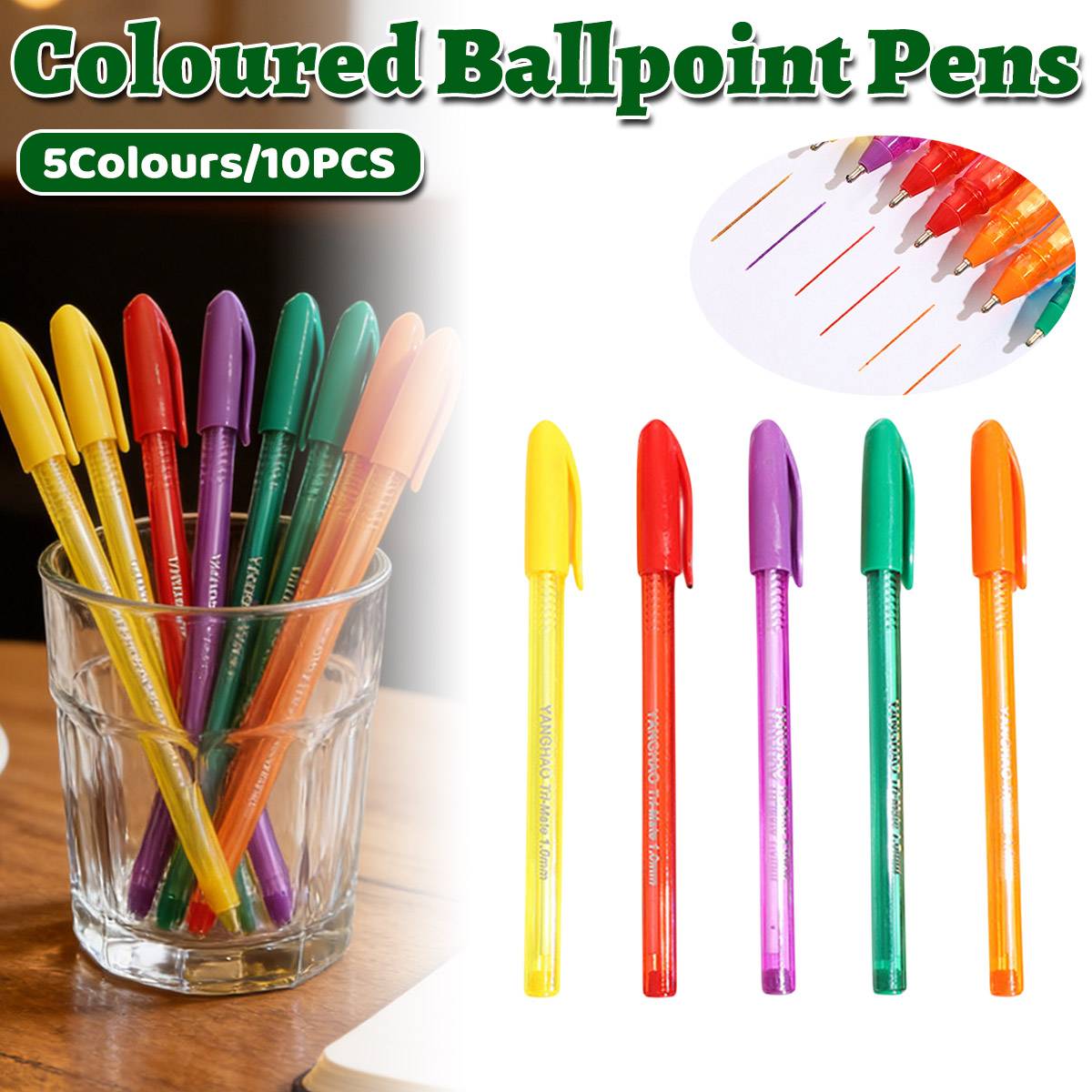 10-piece smooth ballpoint pen set featuring transparent triangular barrels in vibrant assorted colors