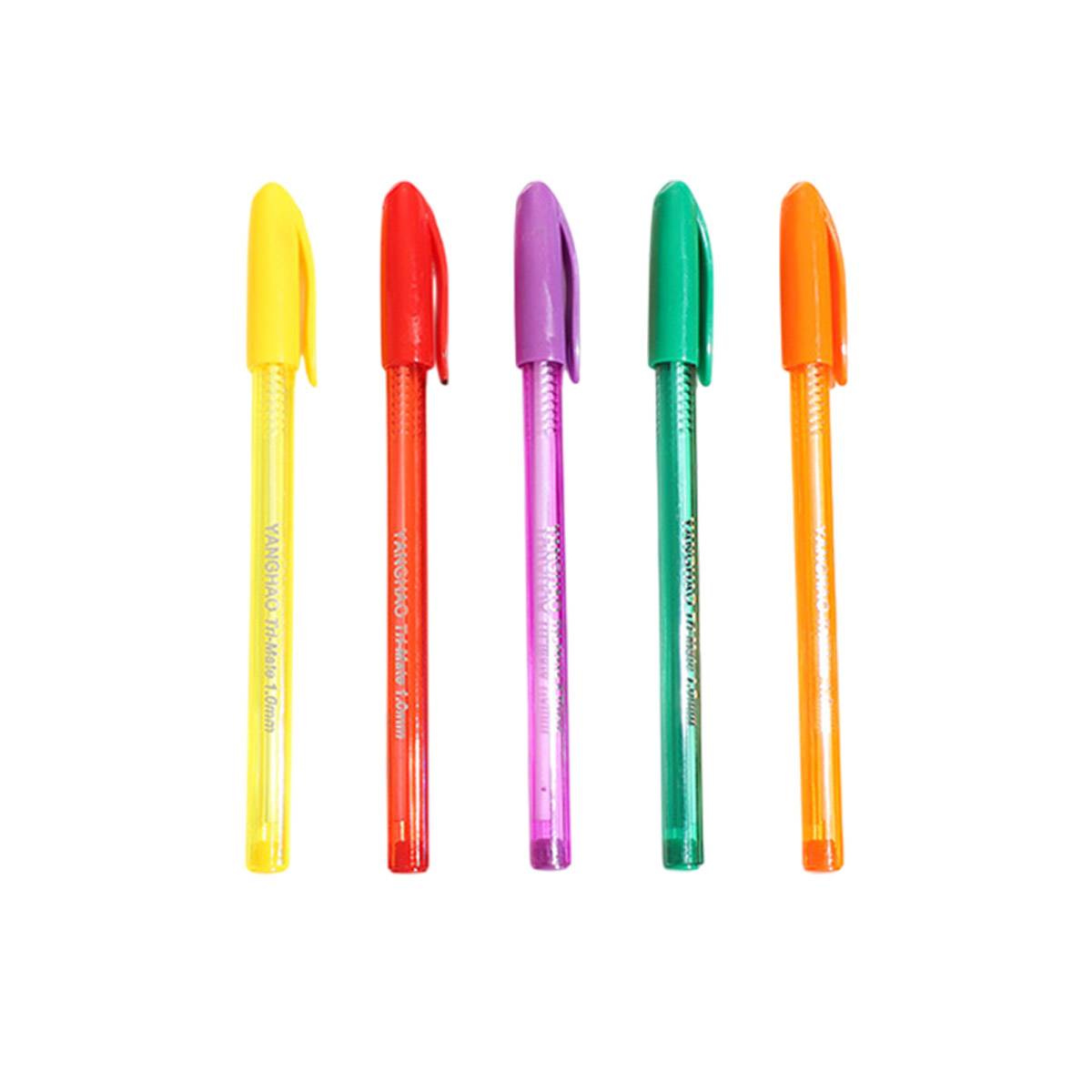 10-piece smooth ballpoint pen set featuring transparent triangular barrels in vibrant assorted colors — view 2