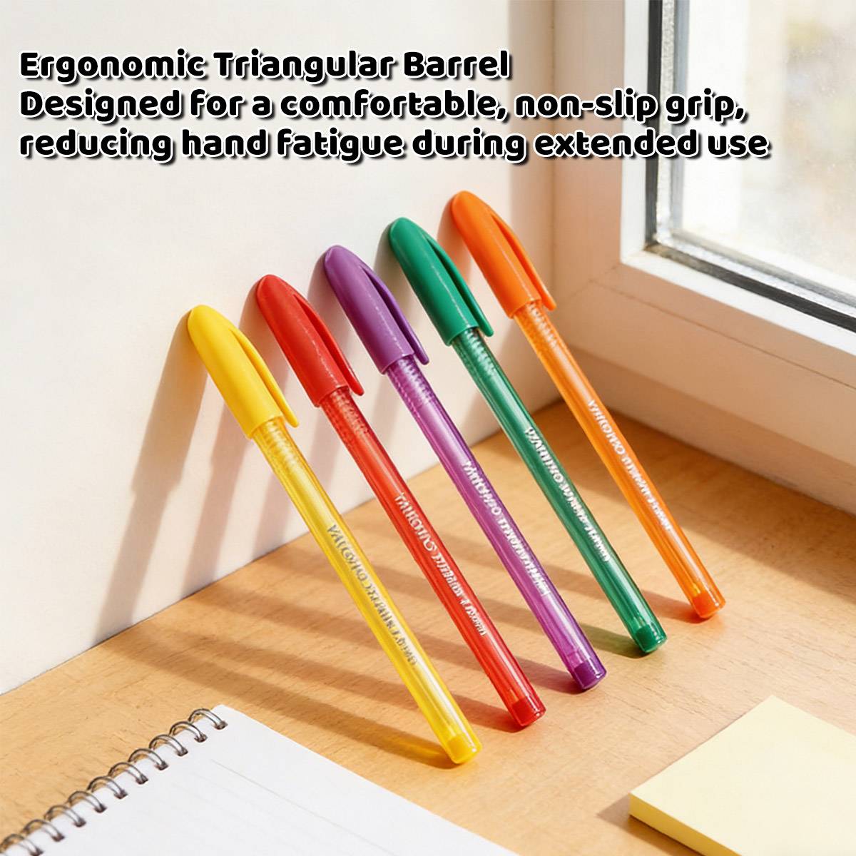 10-piece smooth ballpoint pen set featuring transparent triangular barrels in vibrant assorted colors — view 4