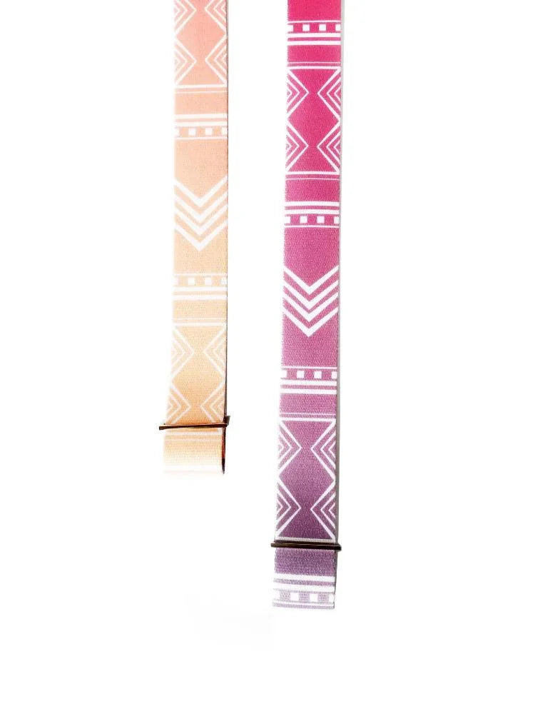 Pink organic cotton yoga strap with abstract print and silver metal D-ring buckles — view 5