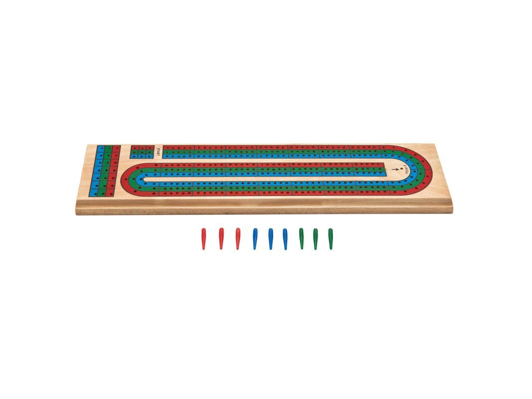 Wooden Barony cribbage board made of solid pine with red, blue, and green scoring pegs. — view 2