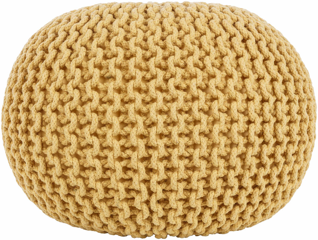 Mustard orange knitted cotton pouf with polybead fill contemporary living room footrest seating — view 3