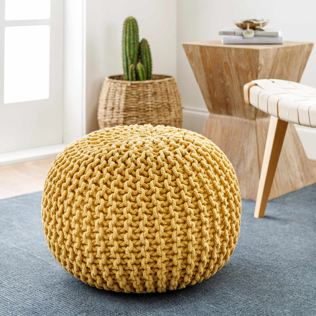 Mustard orange knitted cotton pouf with polybead fill contemporary living room footrest seating — view 5