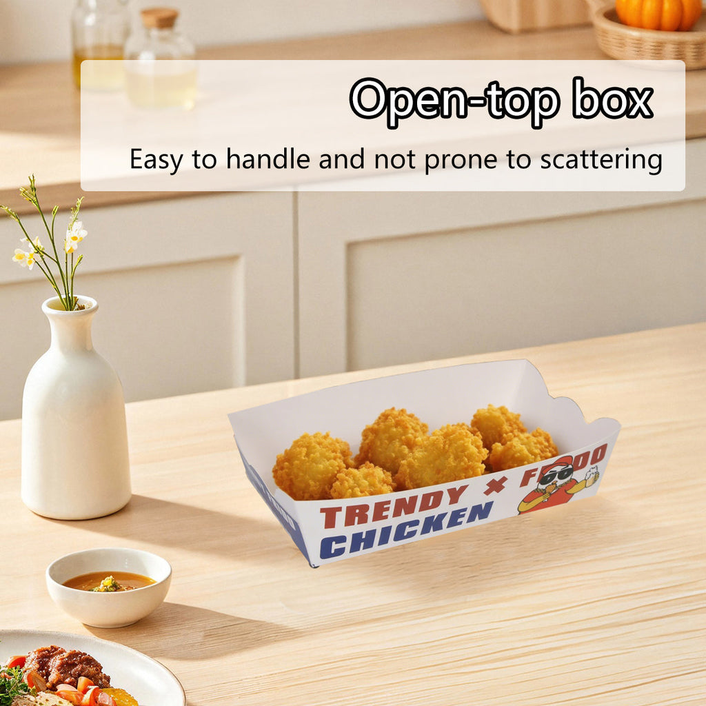 Disposable paper snack boxes holding fried food, oil-proof open-top food packaging container design. — view 4