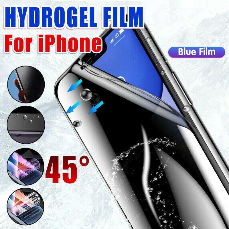 Blue light blocking hydrogel screen protector film applied to a modern iPhone display
