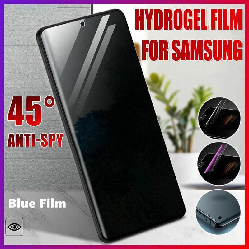 Hydrogel blue light screen protector film applied to a Samsung smartphone display with cleaning kit.