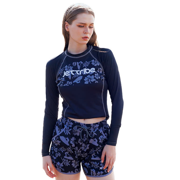 Women's black floral rashguard for water sports, featuring fade-resistant graphics and UV protection fabric — view 6