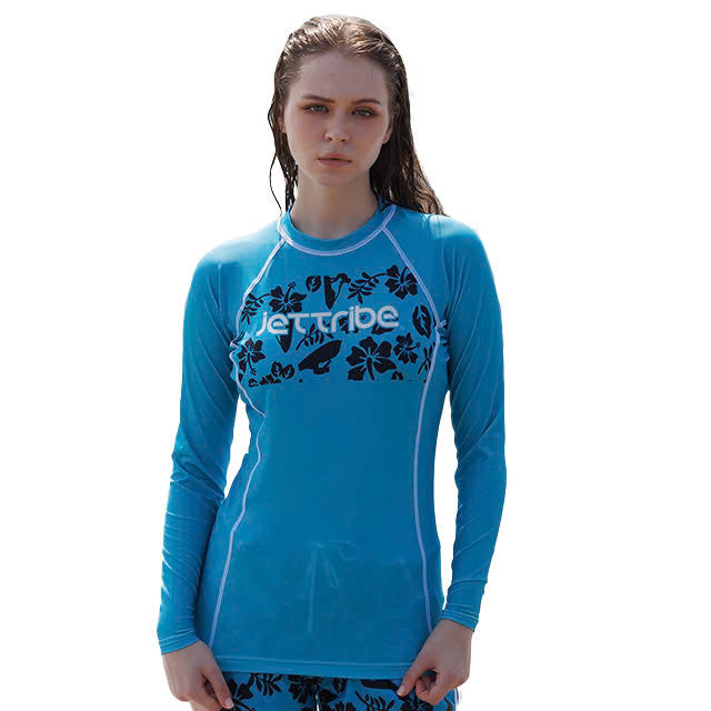 Aqua blue floral women's rashguard with long sleeves for UV protection and watercraft sports. — view 8