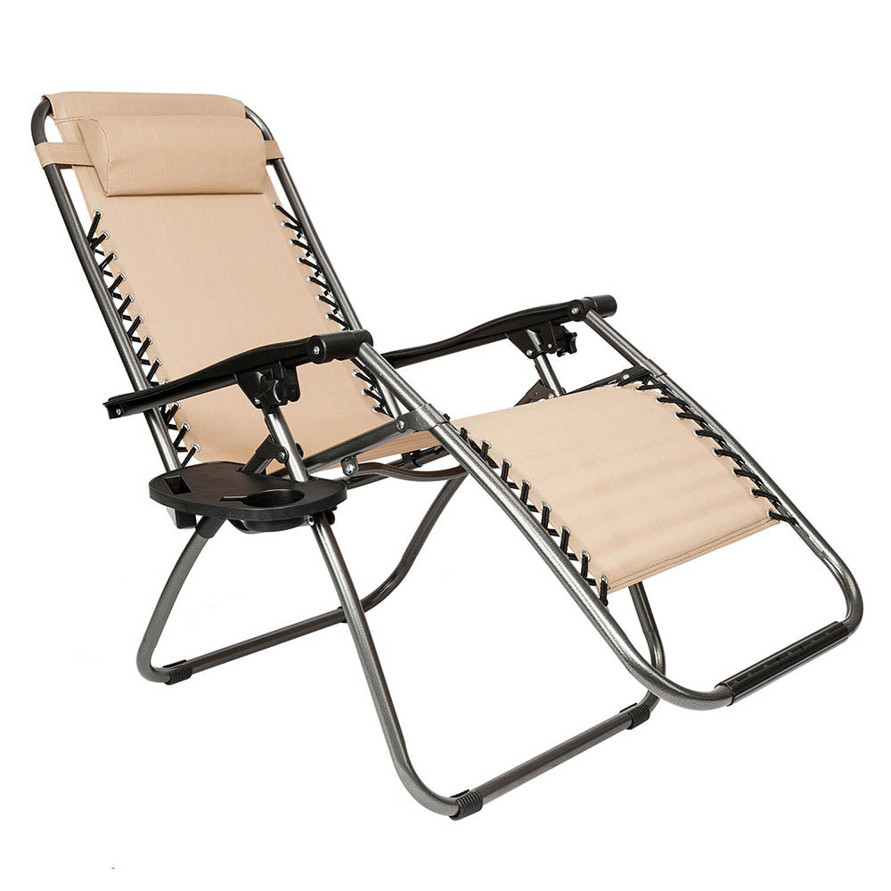 Two beige zero gravity garden chairs with attachable cup holders on a patio — view 2