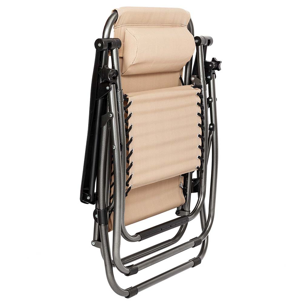 Two beige zero gravity garden chairs with attachable cup holders on a patio — view 3