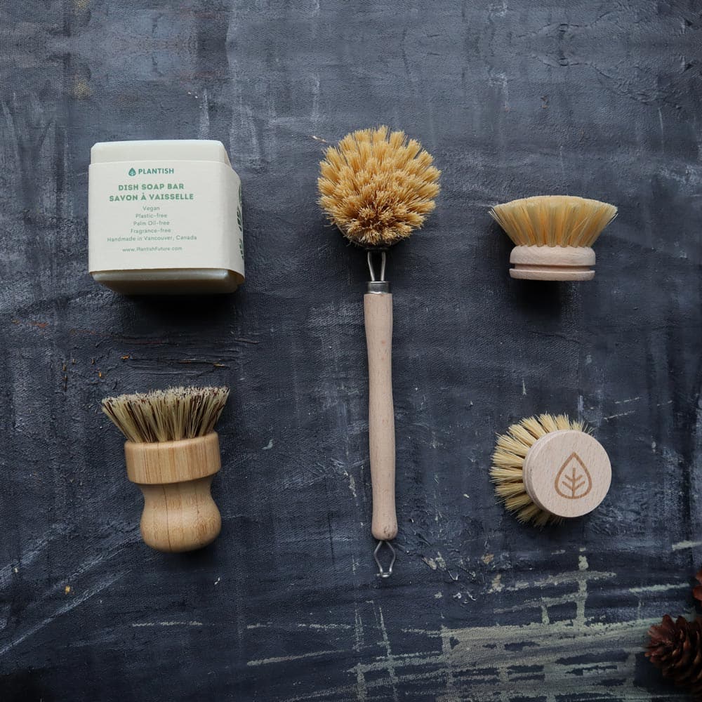 Zero waste cleaning set with natural bamboo sisal dish brushes, pot scrubber, and soap