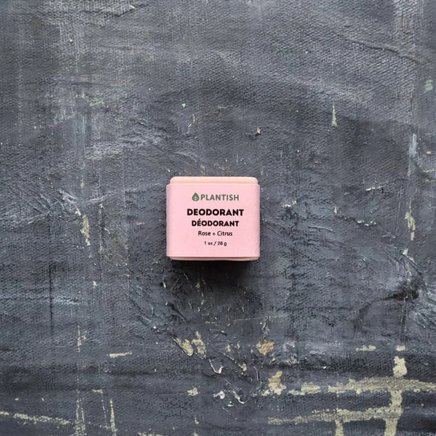Square solid zero waste rose and citrus deodorant bar displaying natural botanical ingredients — view 2