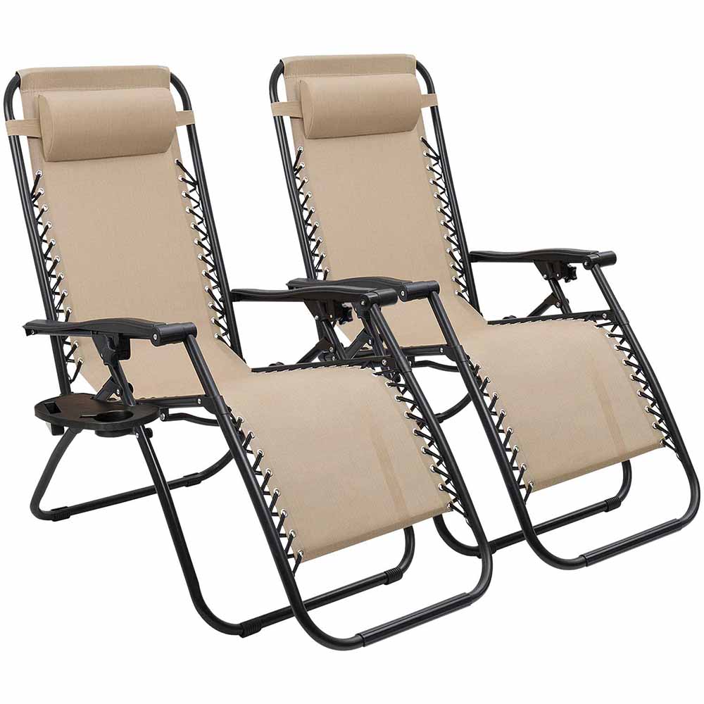 Two beige zero gravity garden chairs with attachable cup holders on a patio