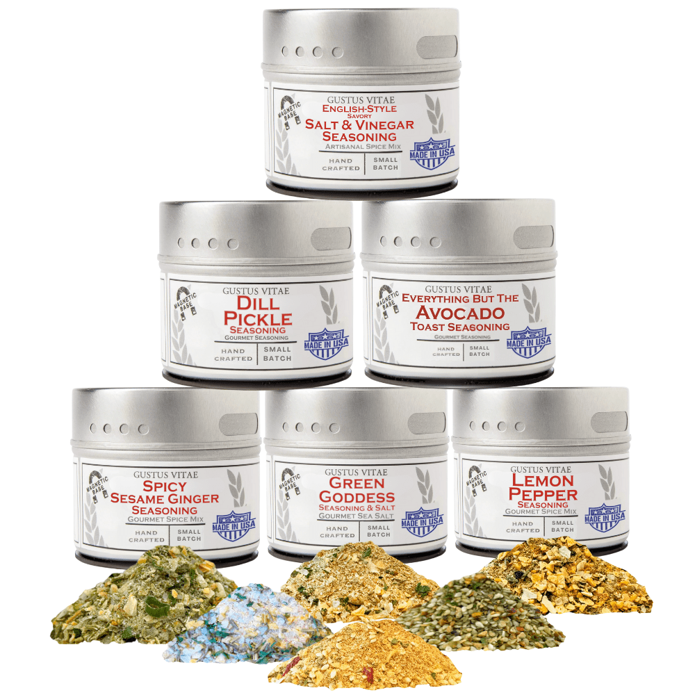 Zesty and bright gourmet seasoning set of six magnetic tins featuring all-natural artisanal spice blends