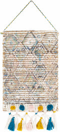 Multicolor hand woven bohemian jute wall hanging tapestry displayed on a sturdy wooden rod