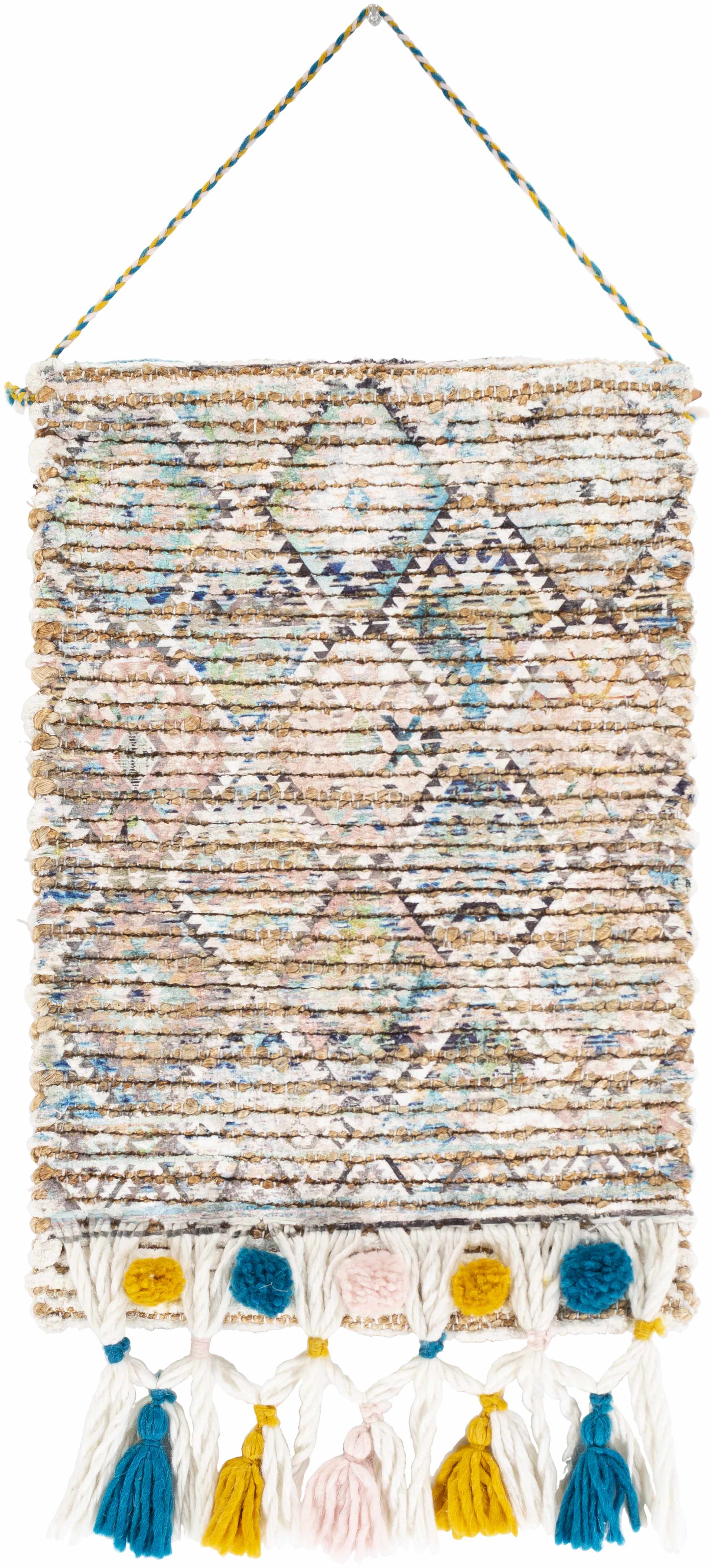 Multicolor hand woven bohemian jute wall hanging tapestry displayed on a sturdy wooden rod