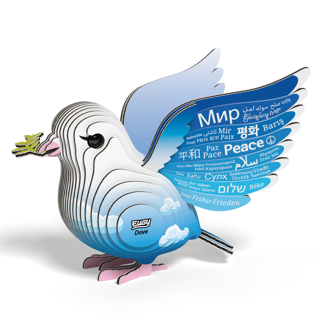 EUGY dove 3D puzzle made of eco-friendly cardboard featuring peace written on spread wings — view 2