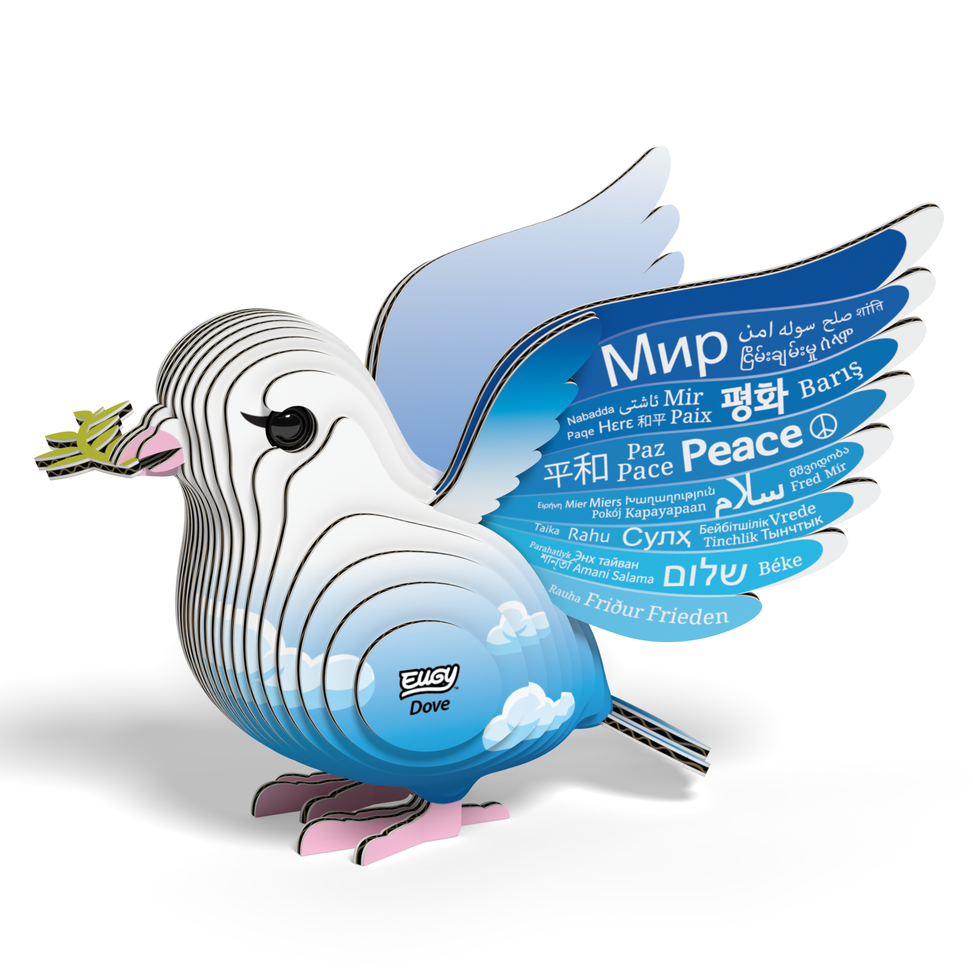 EUGY dove 3D puzzle made of eco-friendly cardboard featuring peace written on spread wings — view 2