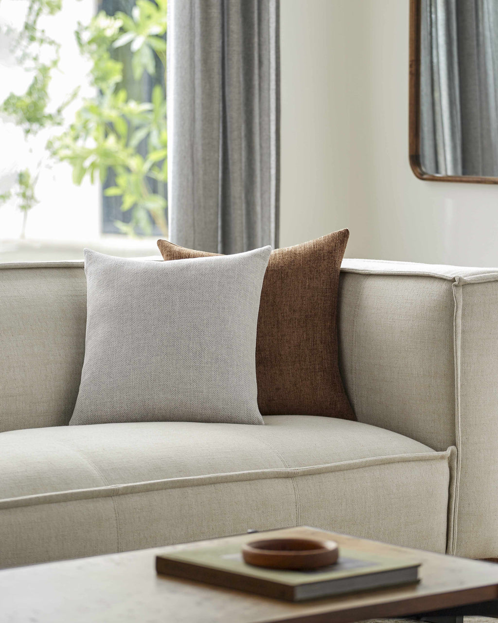 Contemporary square throw pillow in ivory, beige, and dove gray faux linen fabric — view 5
