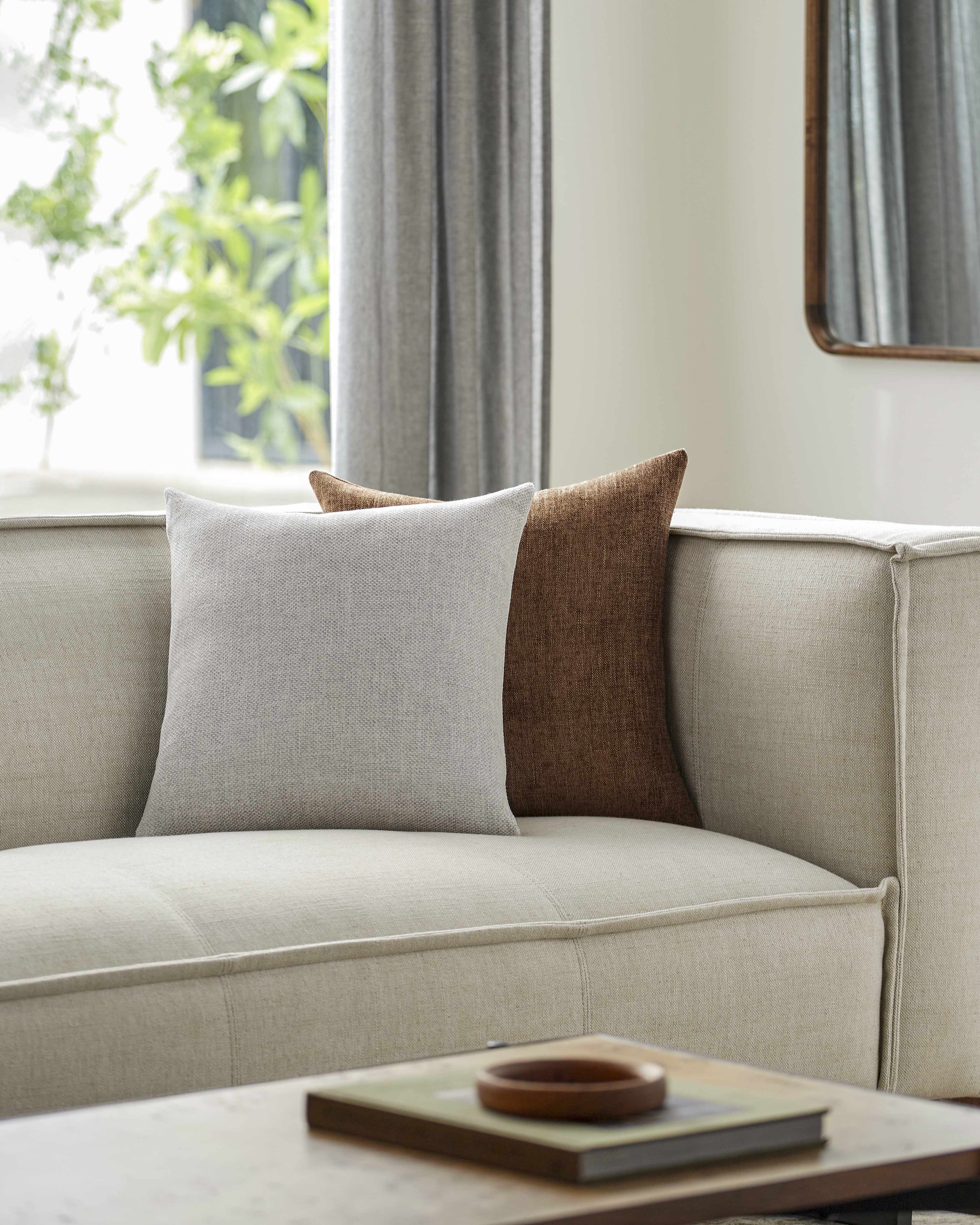 Contemporary square throw pillow in ivory, beige, and dove gray faux linen fabric — view 5