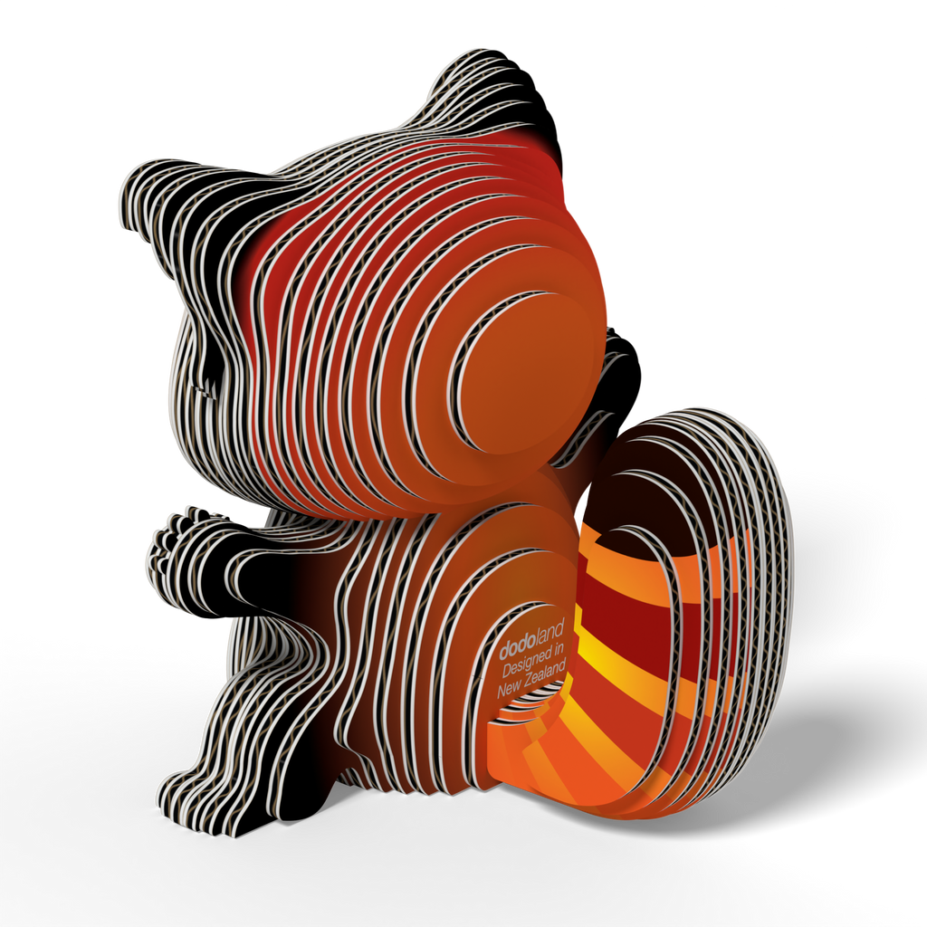 Red Panda 3D puzzle fully assembled from biodegradable cardboard, showing reddish coat and striped tail — view 4