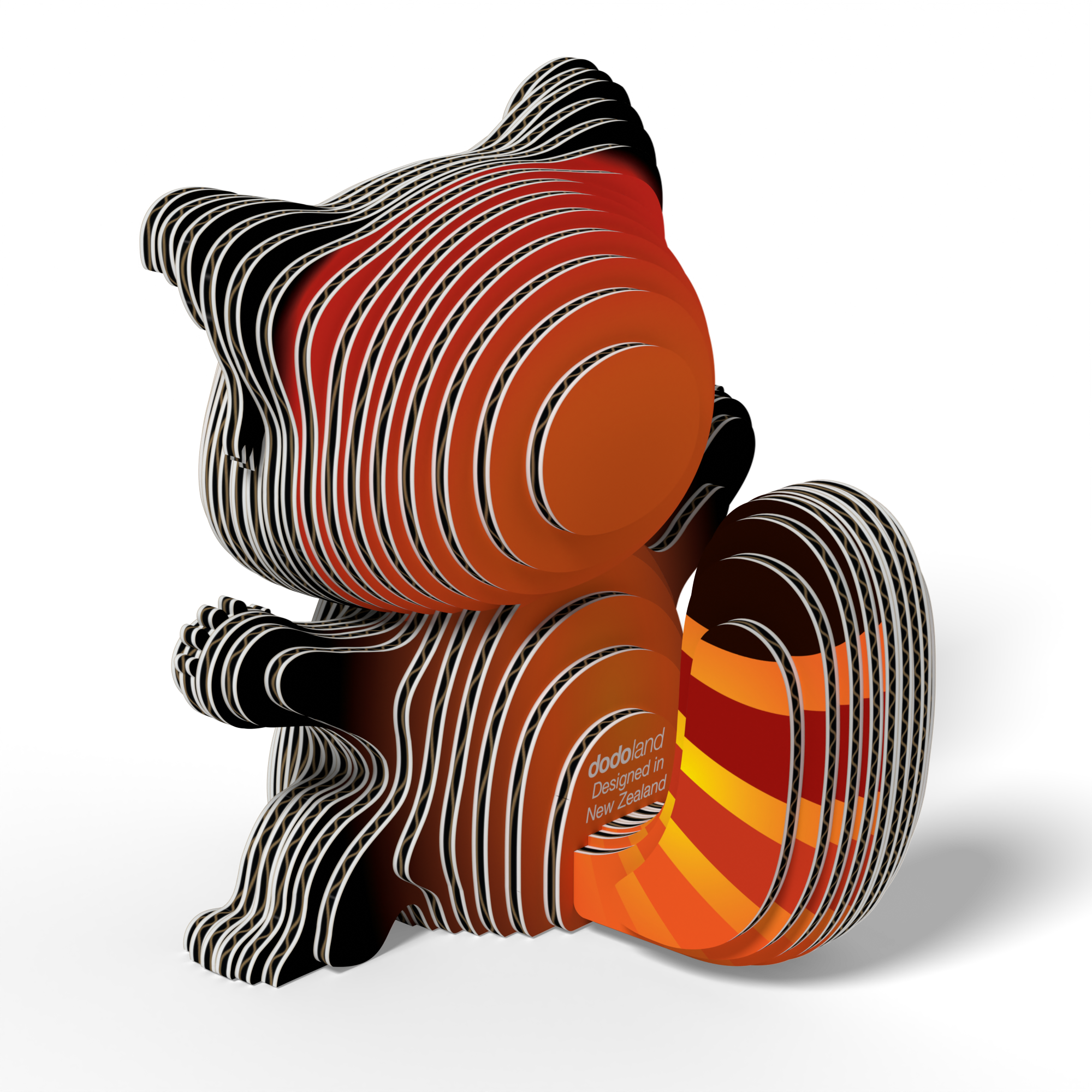 Red Panda 3D puzzle fully assembled from biodegradable cardboard, showing reddish coat and striped tail — view 4